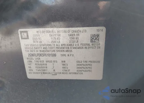 2015 Chevrolet Equinox 1Lt из США, поврежденный, VIN 2GNFLFEK5F6181599